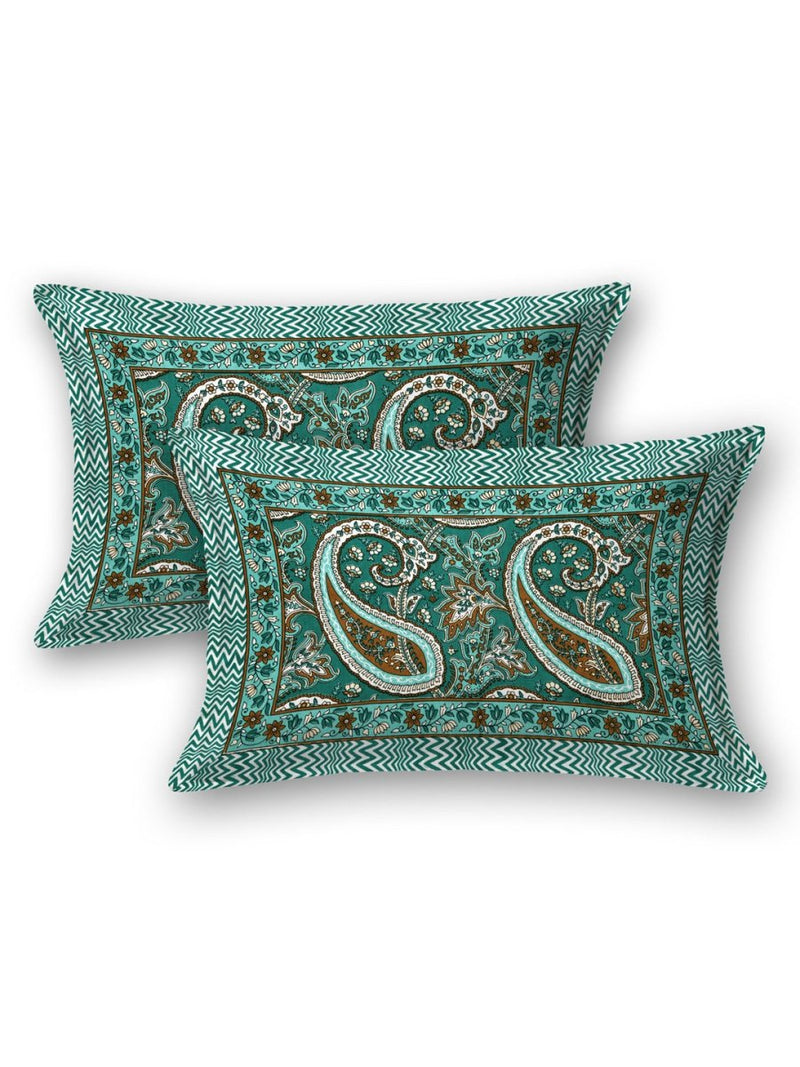 Buy Jaipuri Hand Printed Queen Size Cotton Teal Bedsheet with Pillow Covers | Shop Verified Sustainable Products on Brown Living