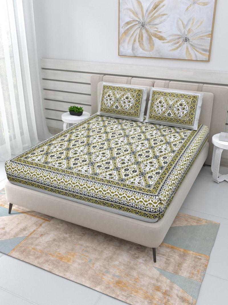 Buy Jaipuri Hand Printed Queen Size Cotton Yellow Bedding Set -630 | Shop Verified Sustainable Products on Brown Living