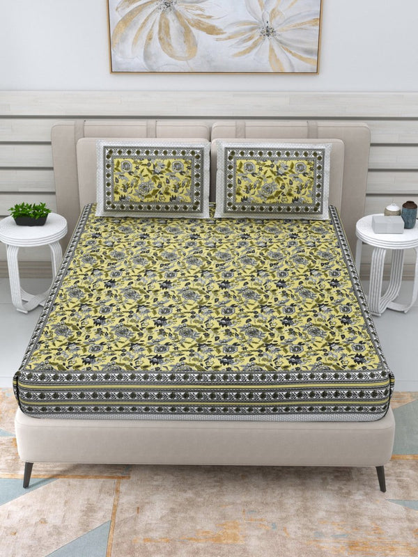 Buy Jaipuri Hand Printed Queen Size Cotton Yellow Bedding Set -636 | Shop Verified Sustainable Products on Brown Living