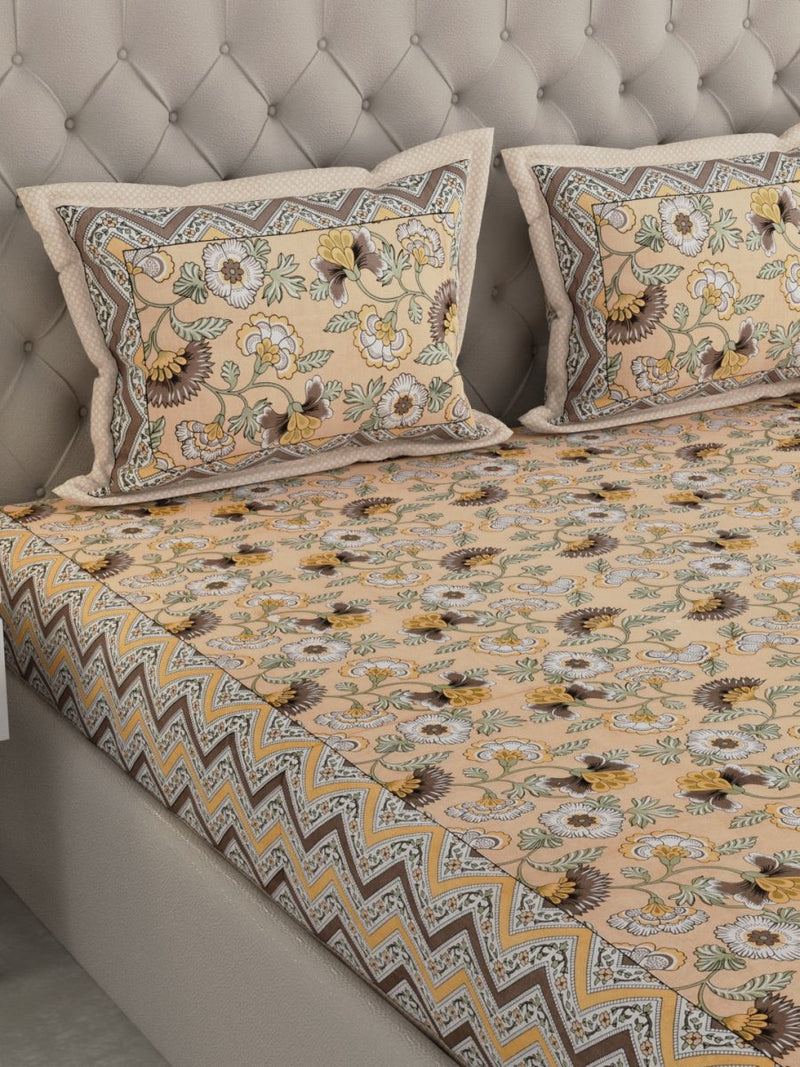 Jaipuri Print King Size 330 TC Pure Cotton Bedsheet with Pillow Covers- Cream | Verified Sustainable Bed Linens on Brown Living™