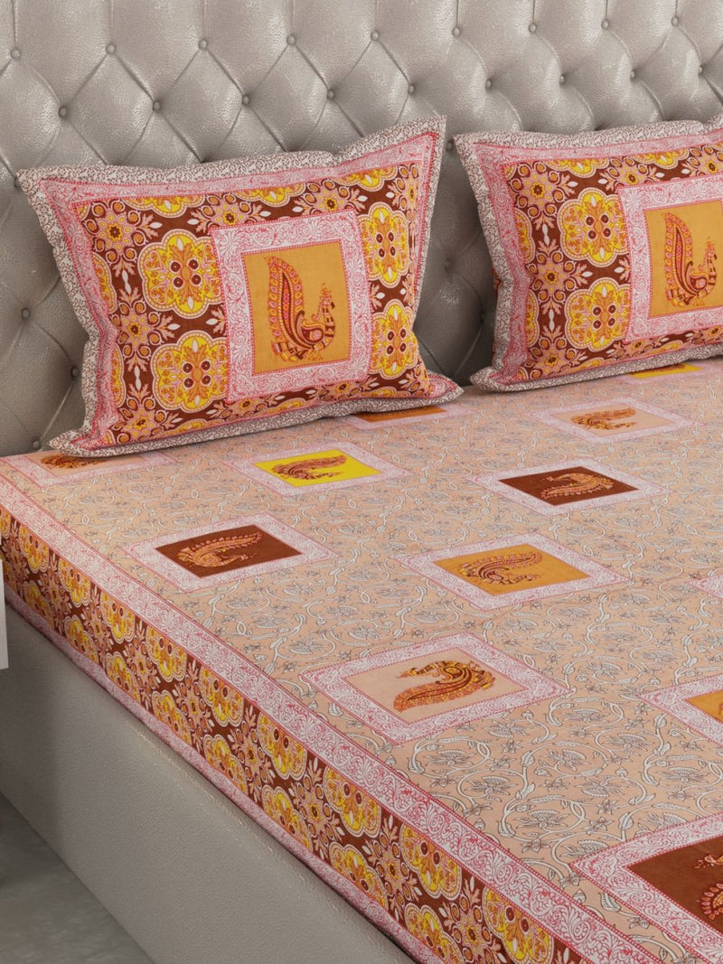 Jaipuri Print King Size 330 TC Pure Cotton Bedsheet with Pillow Covers- Orange | Verified Sustainable Bed Linens on Brown Living™