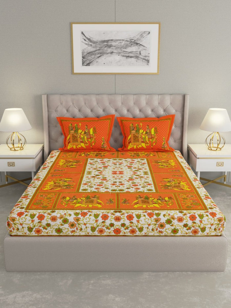 Jaipuri Print King Size 330 TC Pure Cotton Bedsheet with Pillow Covers- Orange | Verified Sustainable Bed Linens on Brown Living™