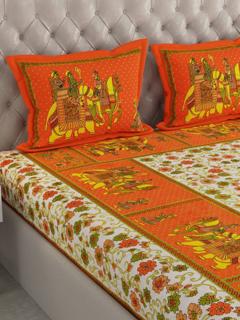 Jaipuri Print King Size 330 TC Pure Cotton Bedsheet with Pillow Covers- Orange | Verified Sustainable Bed Linens on Brown Living™