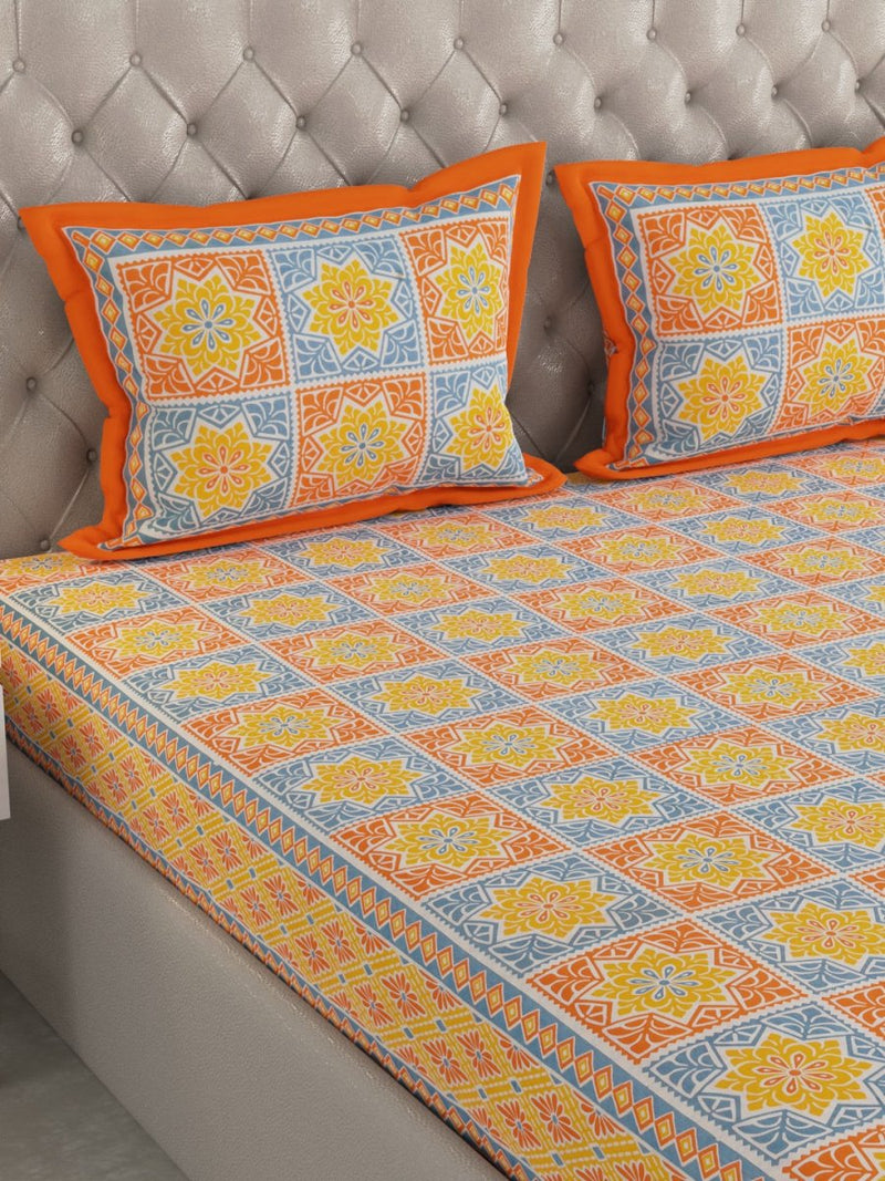 Jaipuri Print King Size 330 TC Pure Cotton Bedsheet with Pillow Covers- Orange | Verified Sustainable Bed Linens on Brown Living™