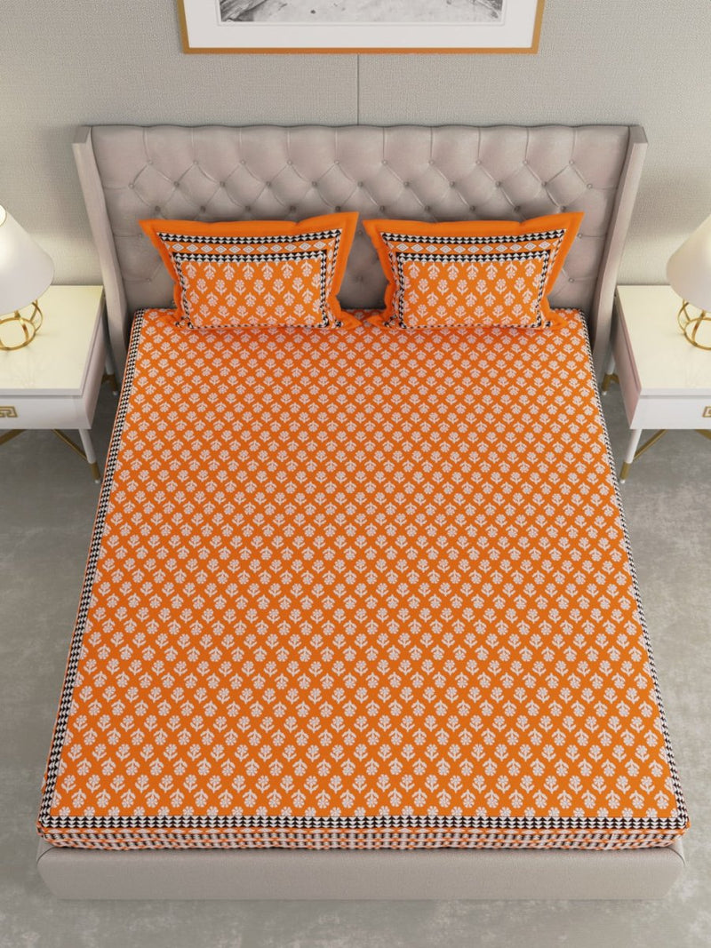 Jaipuri Print King Size 330 TC Pure Cotton Bedsheet with Pillow Covers- Orange | Verified Sustainable Bed Linens on Brown Living™