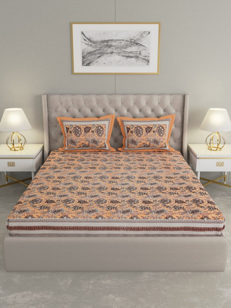 Jaipuri Print King Size 330 TC Pure Cotton Bedsheet with Pillow Covers- Orange | Verified Sustainable Bed Linens on Brown Living™