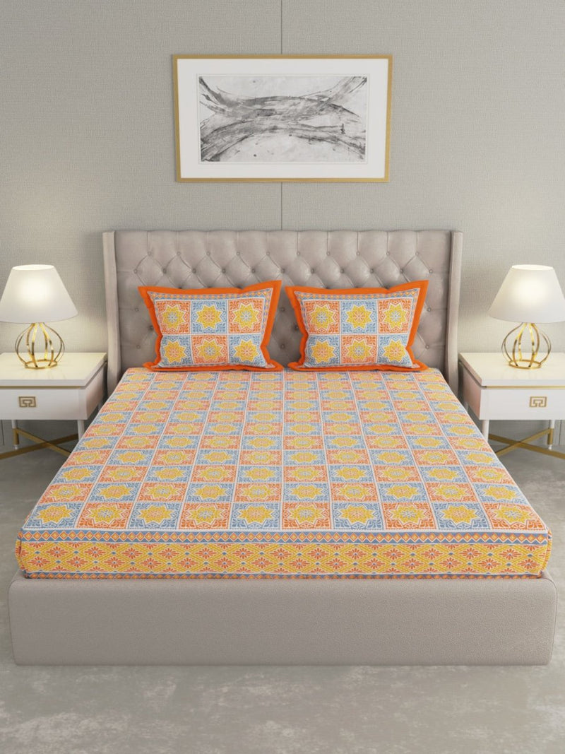 Jaipuri Print King Size 330 TC Pure Cotton Bedsheet with Pillow Covers- Orange | Verified Sustainable Bed Linens on Brown Living™