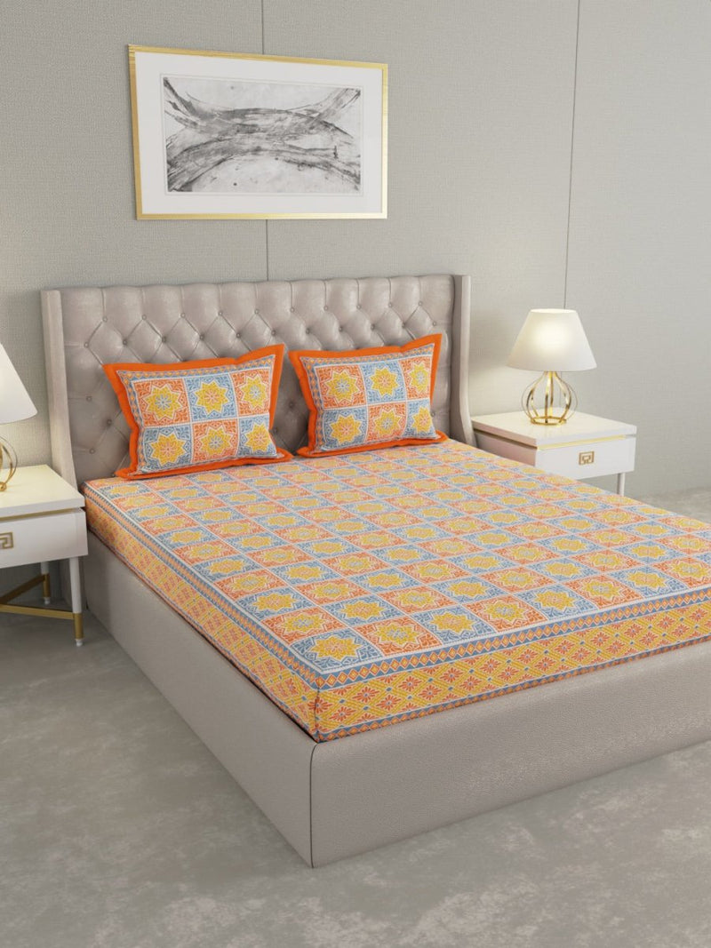 Jaipuri Print King Size 330 TC Pure Cotton Bedsheet with Pillow Covers- Orange | Verified Sustainable Bed Linens on Brown Living™