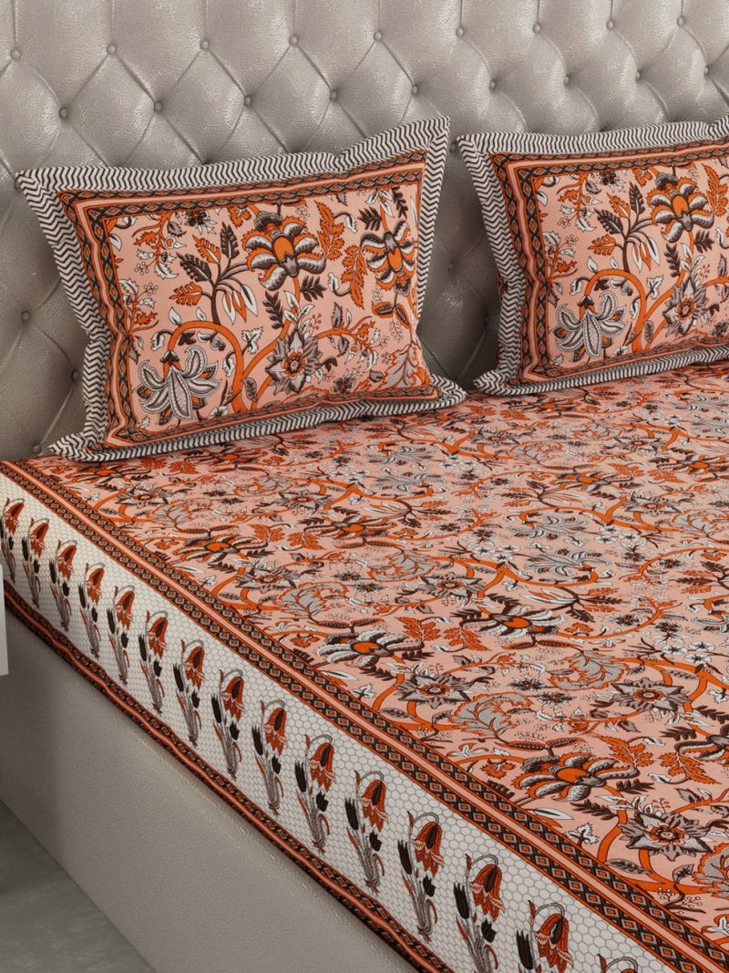 Jaipuri Print King Size 330 TC Pure Cotton Bedsheet with Pillow Covers- Peach | Verified Sustainable Bed Linens on Brown Living™