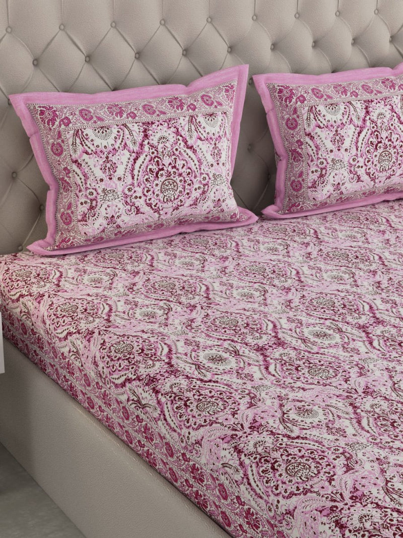 Jaipuri Print King Size 330 TC Pure Cotton Bedsheet with Pillow Covers- Pink | Verified Sustainable Bed Linens on Brown Living™