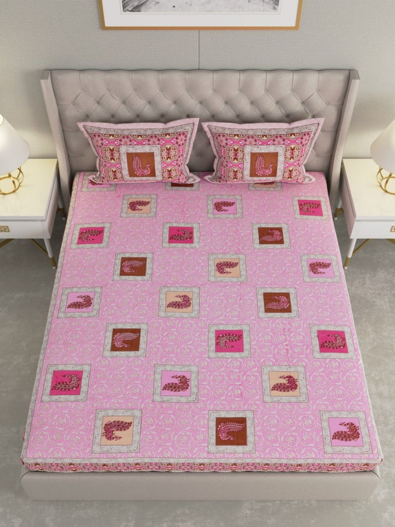 Jaipuri Print King Size 330 TC Pure Cotton Bedsheet with Pillow Covers- Pink | Verified Sustainable Bed Linens on Brown Living™