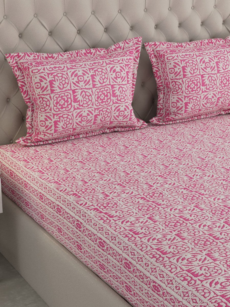 Jaipuri Print King Size 330 TC Pure Cotton Bedsheet with Pillow Covers- Pink | Verified Sustainable Bed Linens on Brown Living™