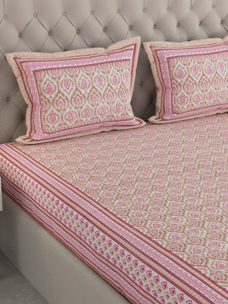 Jaipuri Print King Size 330 TC Pure Cotton Bedsheet with Pillow Covers- Pink | Verified Sustainable Bed Linens on Brown Living™