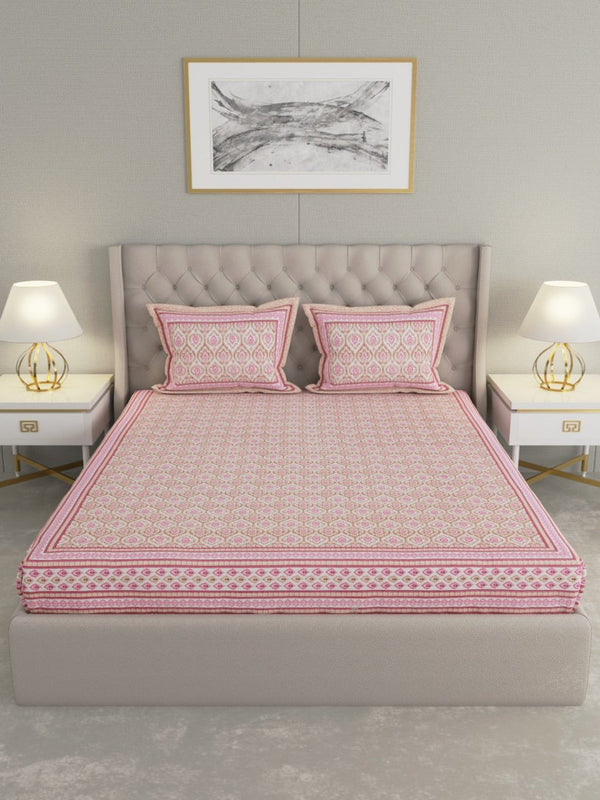 Jaipuri Print King Size 330 TC Pure Cotton Bedsheet with Pillow Covers- Pink | Verified Sustainable Bed Linens on Brown Living™