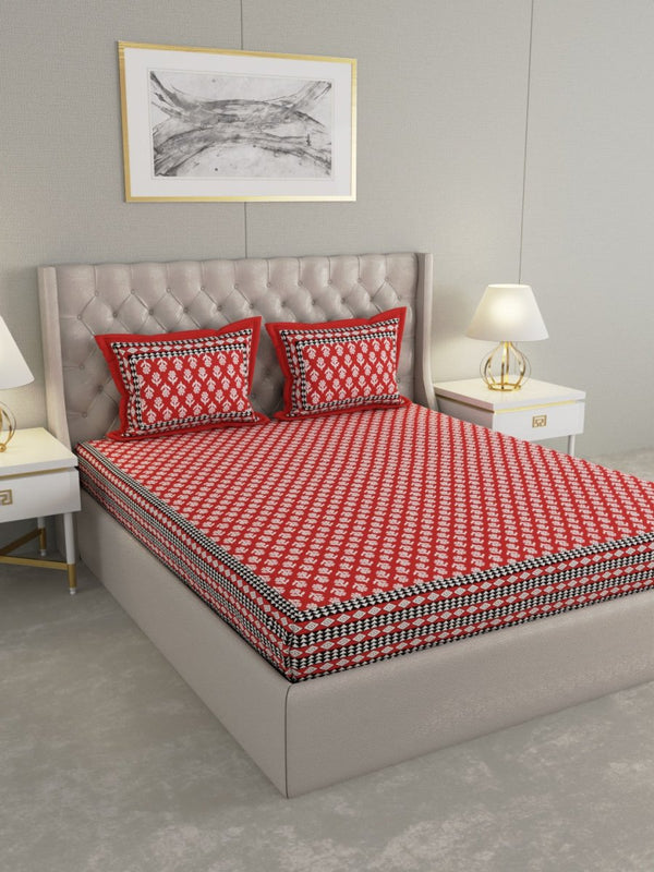 Jaipuri Print King Size 330 TC Pure Cotton Bedsheet with Pillow Covers- Red | Verified Sustainable Bed Linens on Brown Living™