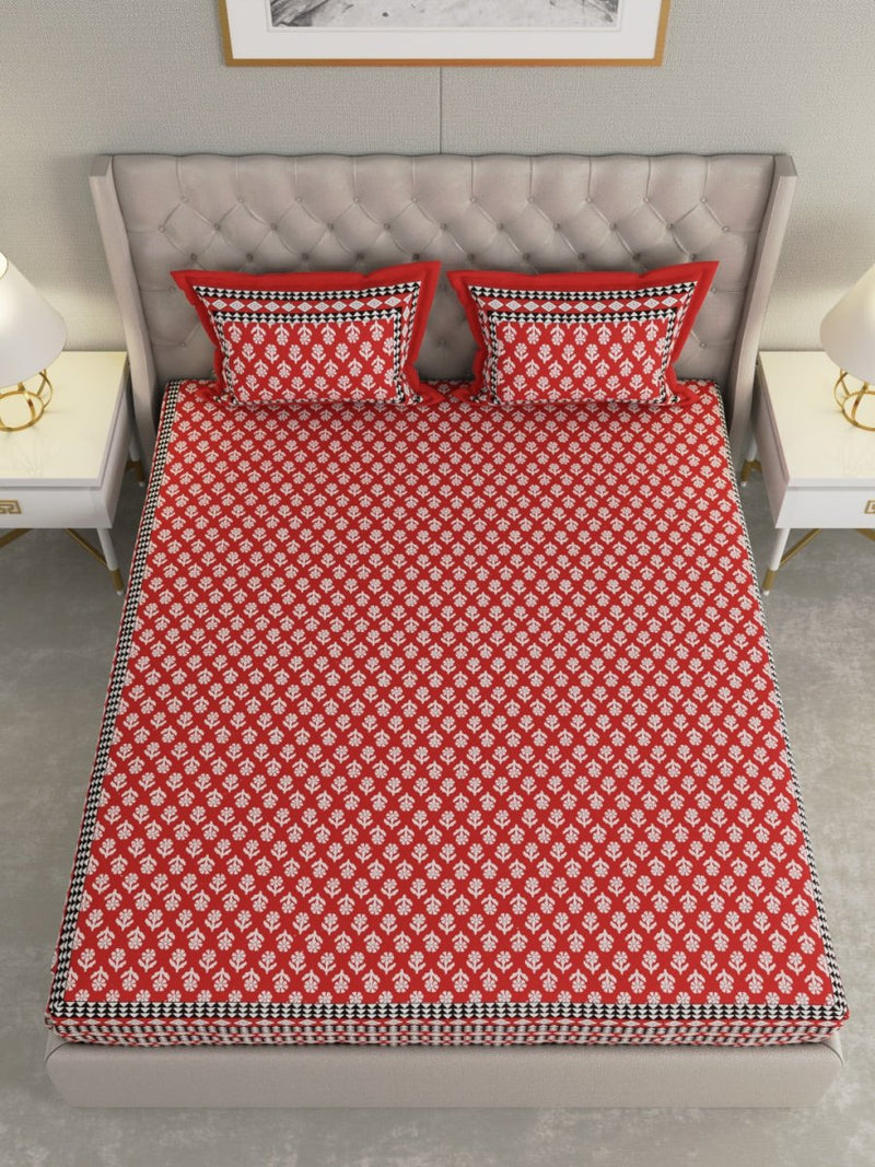 Jaipuri Print King Size 330 TC Pure Cotton Bedsheet with Pillow Covers- Red | Verified Sustainable Bed Linens on Brown Living™