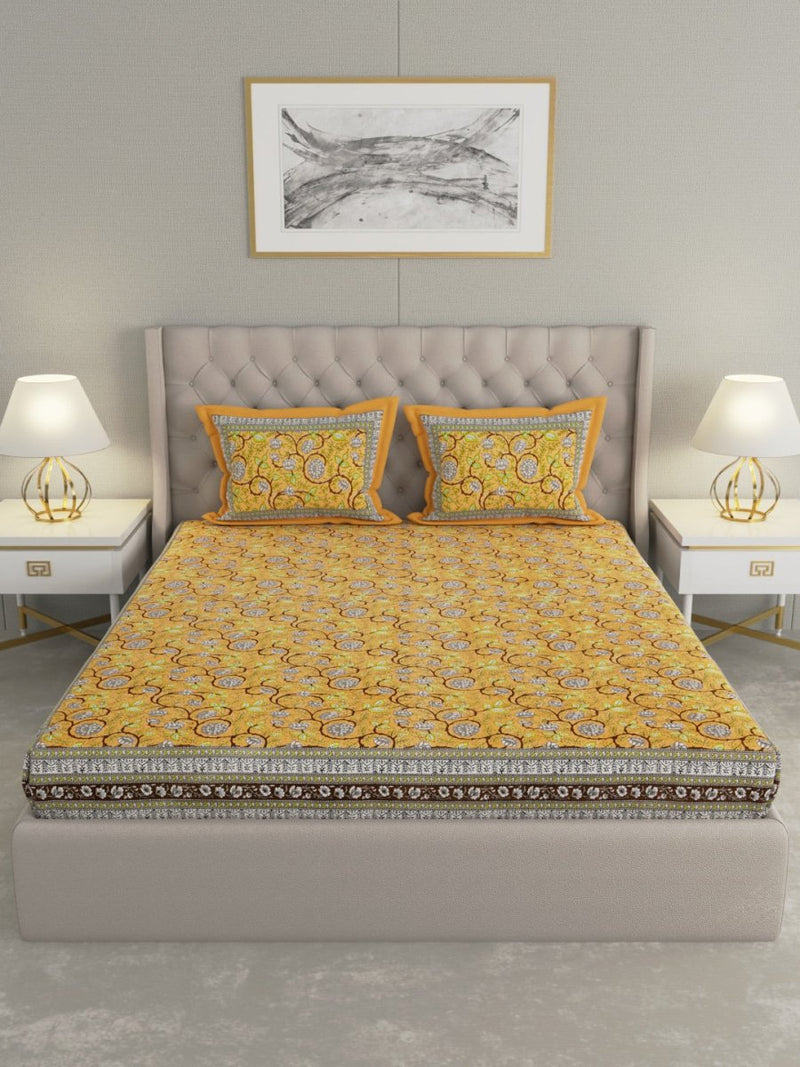 Jaipuri Print King Size 330 TC Pure Cotton Bedsheet with Pillow Covers- Yellow | Verified Sustainable Bed Linens on Brown Living™