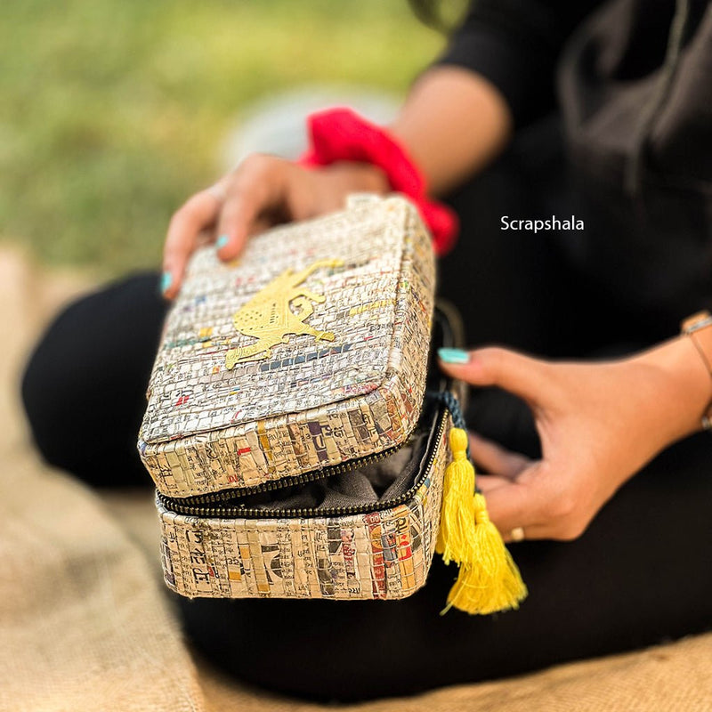 Buy Jewellery Organizer Box | Space Saver | Metal Zipper Closer | Upcycled Newspaper | Handloom Textile | Shop Verified Sustainable Organisers on Brown Living™