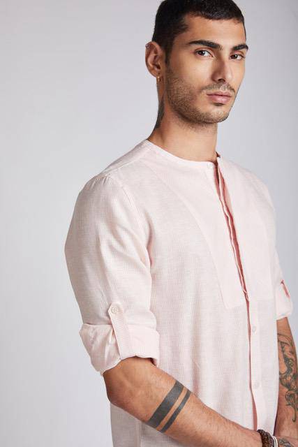 Buy Kaliedoscope Round Neck Shirt Peach Stripes | Shop Verified Sustainable Mens Shirt on Brown Living™