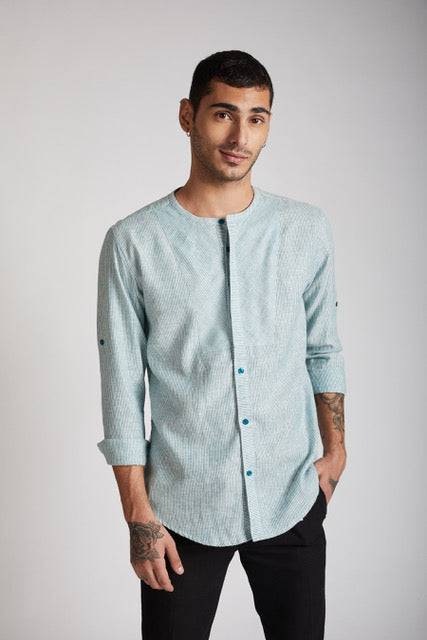 Buy Kaliedoscope Round Neck Shirt Teal Stripes | Shop Verified Sustainable Mens Shirt on Brown Living™