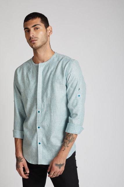 Buy Kaliedoscope Round Neck Shirt Teal Stripes | Shop Verified Sustainable Mens Shirt on Brown Living™