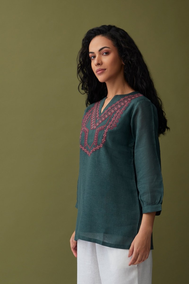 Karigiri Olive Linen Tunic | Verified Sustainable Womens Top on Brown Living™