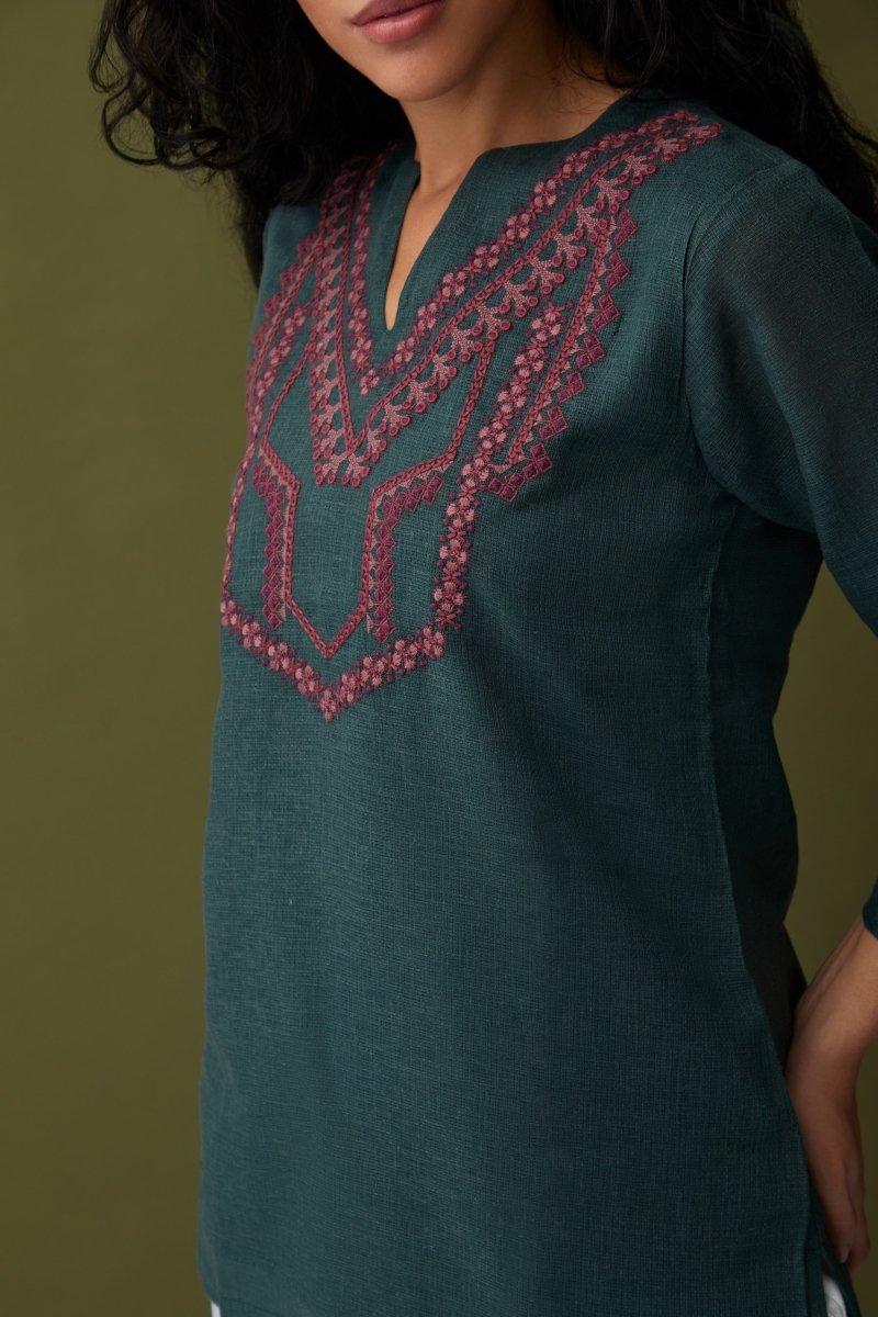 Karigiri Olive Linen Tunic | Verified Sustainable Womens Top on Brown Living™