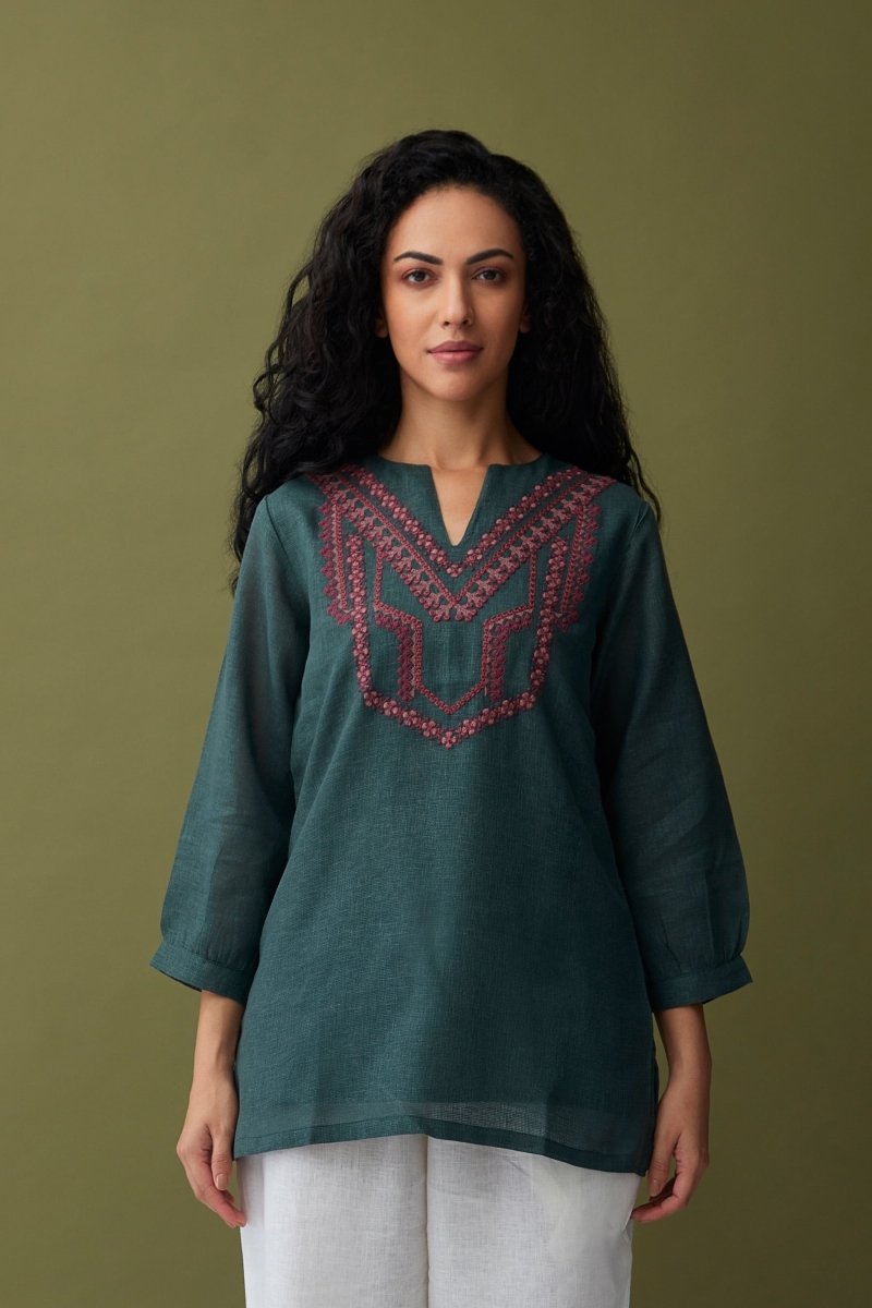 Karigiri Olive Linen Tunic | Verified Sustainable Womens Top on Brown Living™