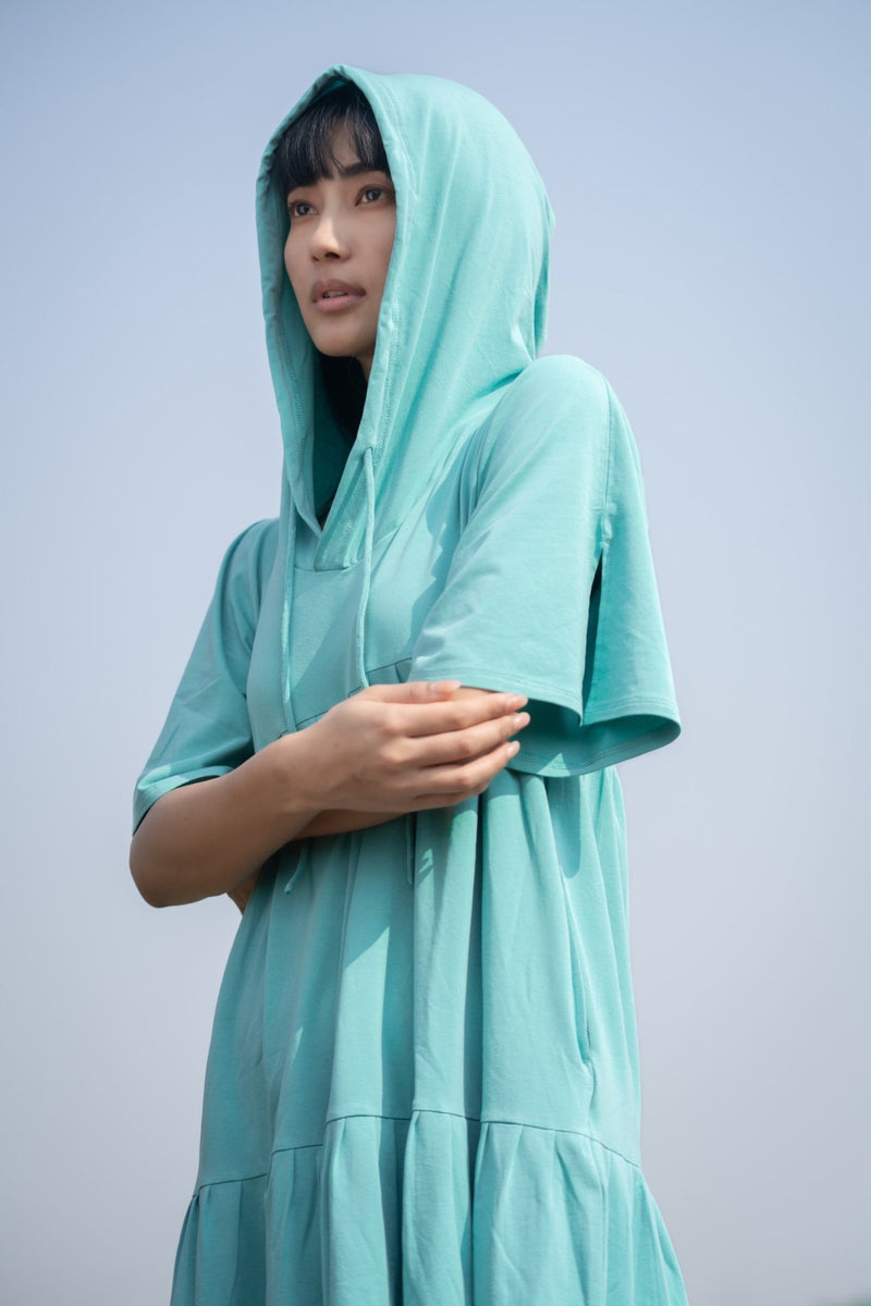 Katir- Hoodie Dress With Slit Bell Sleeves - Aqua Blue | Verified Sustainable Womens Dress on Brown Living™