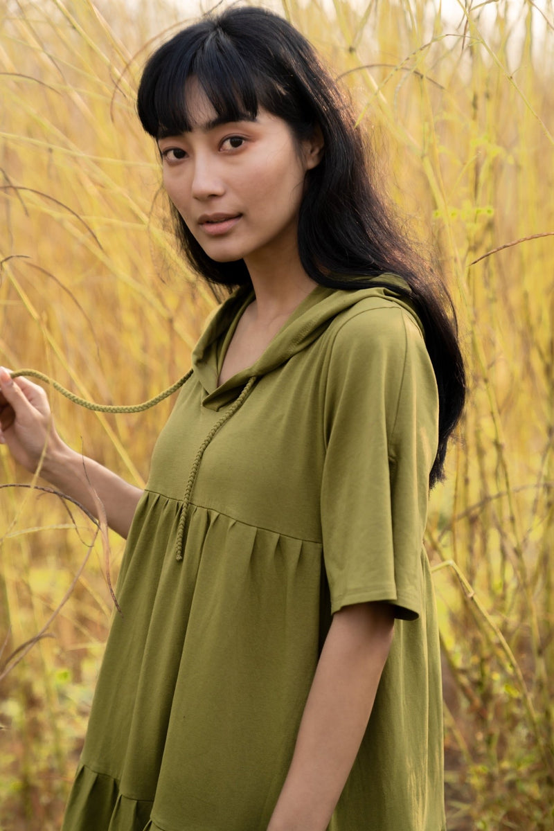 Katir- Hoodie Dress With Slit Bell Sleeves - Avacado Green | Verified Sustainable Womens Dress on Brown Living™