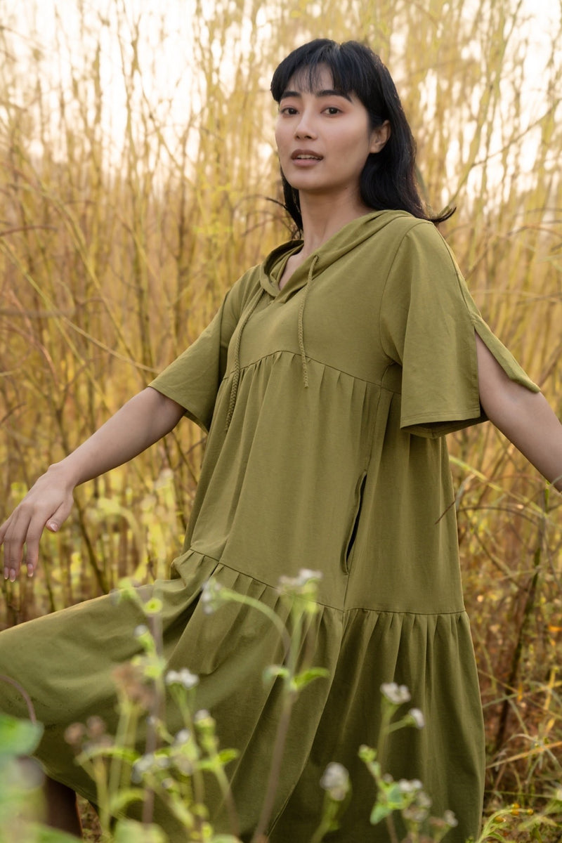 Katir- Hoodie Dress With Slit Bell Sleeves - Avacado Green | Verified Sustainable Womens Dress on Brown Living™