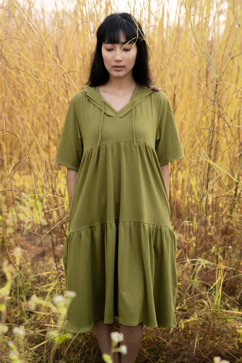 Katir- Hoodie Dress With Slit Bell Sleeves - Avacado Green | Verified Sustainable Womens Dress on Brown Living™