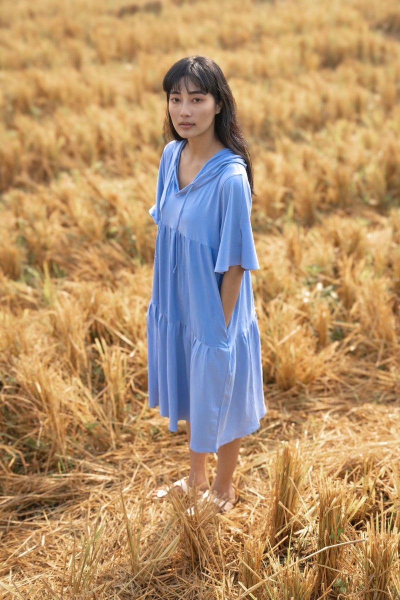 Katir- Hoodie Dress With Slit Bell Sleeves - Vista Blue | Verified Sustainable Womens Dress on Brown Living™