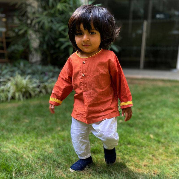 Buy Madder Kurta with White Pants | Shop Verified Sustainable Kids Daywear Sets on Brown Living™