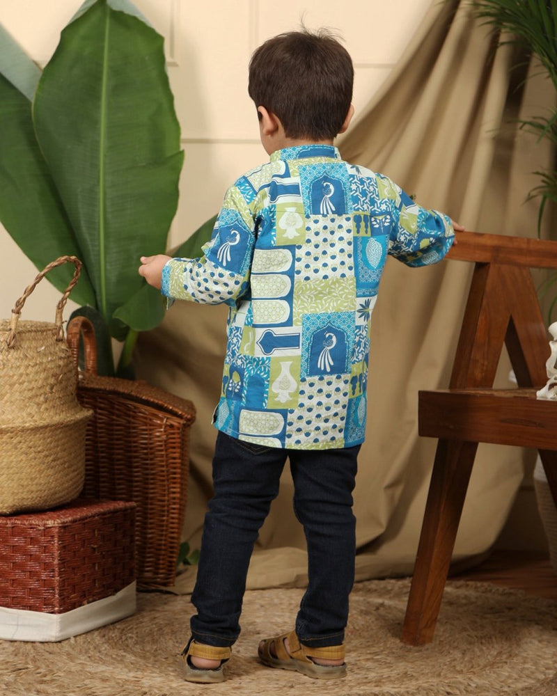 Buy Manara Boys Ethnic Cotton Short Kurta in Blue Print | Shop Verified Sustainable Kids Ethnic Sets on Brown Living™