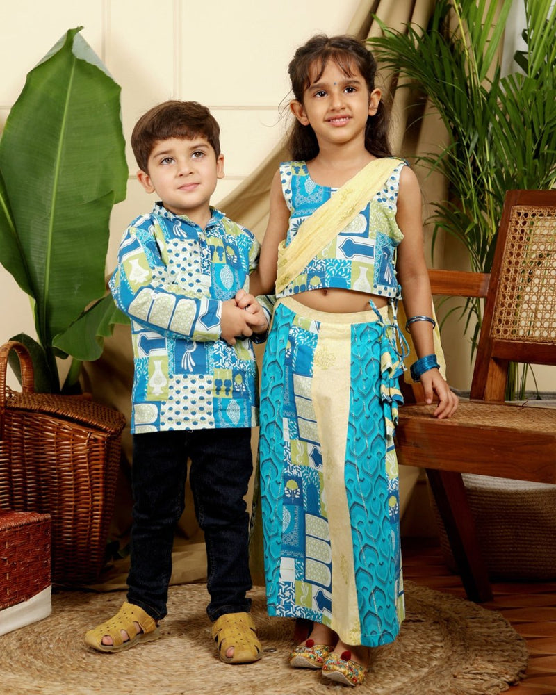 Buy Manara Boys Ethnic Cotton Short Kurta in Blue Print | Shop Verified Sustainable Kids Ethnic Sets on Brown Living™