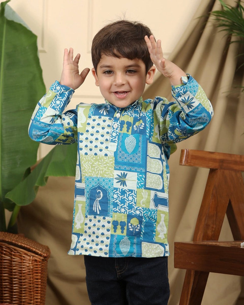 Buy Manara Boys Ethnic Cotton Short Kurta in Blue Print | Shop Verified Sustainable Kids Ethnic Sets on Brown Living™