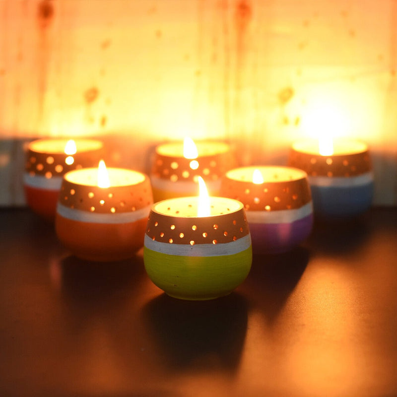 Buy Mini Multicolured Tea Light Holders Set- Of 6 with Free Candles | Shop Verified Sustainable Products on Brown Living