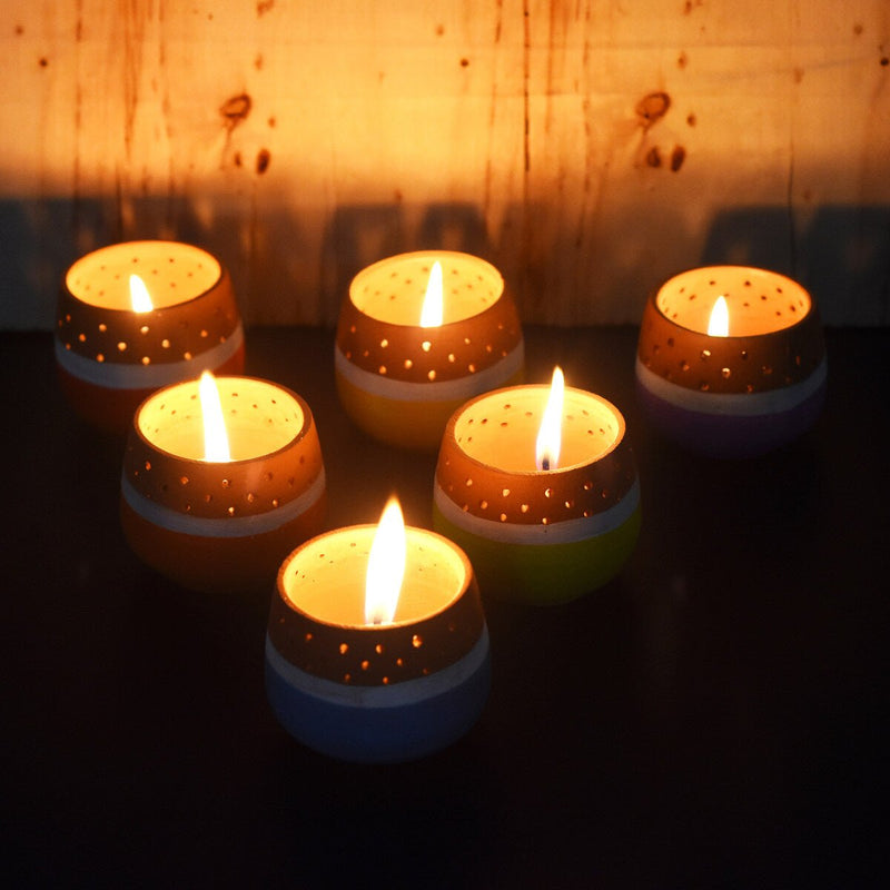 Buy Mini Multicolured Tea Light Holders Set- Of 6 with Free Candles | Shop Verified Sustainable Products on Brown Living