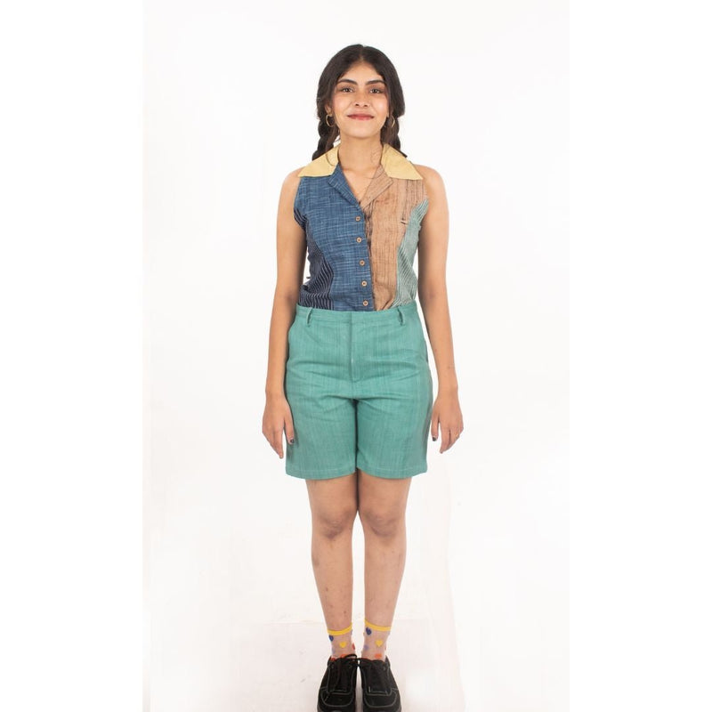 Buy Mojito Upcycled Teal Khadi Denim Shorts | Shop Verified Sustainable Womens Trousers on Brown Living™