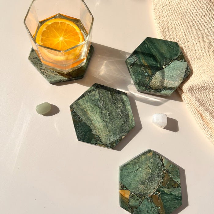 Buy Moss Agate Hexagon Coaster | Set of 4 | Shop Verified Sustainable Table Decor on Brown Living™