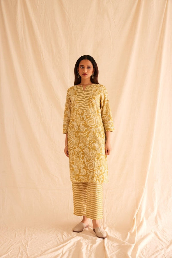 Buy Mustard Cutwork Schiffli Cotton Kurta Set | Shop Verified Sustainable Products on Brown Living