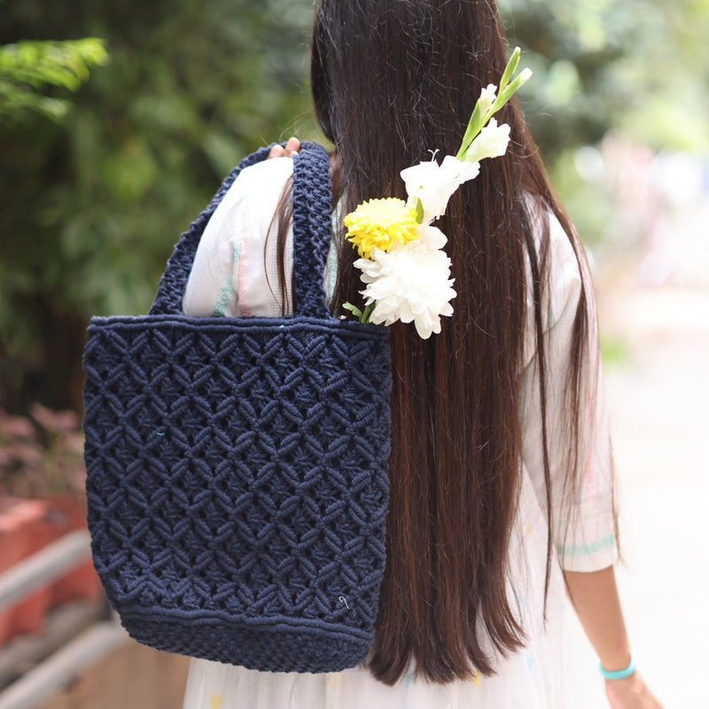 Navy Blue Macrame Tote Bag | Verified Sustainable Bags on Brown Living™