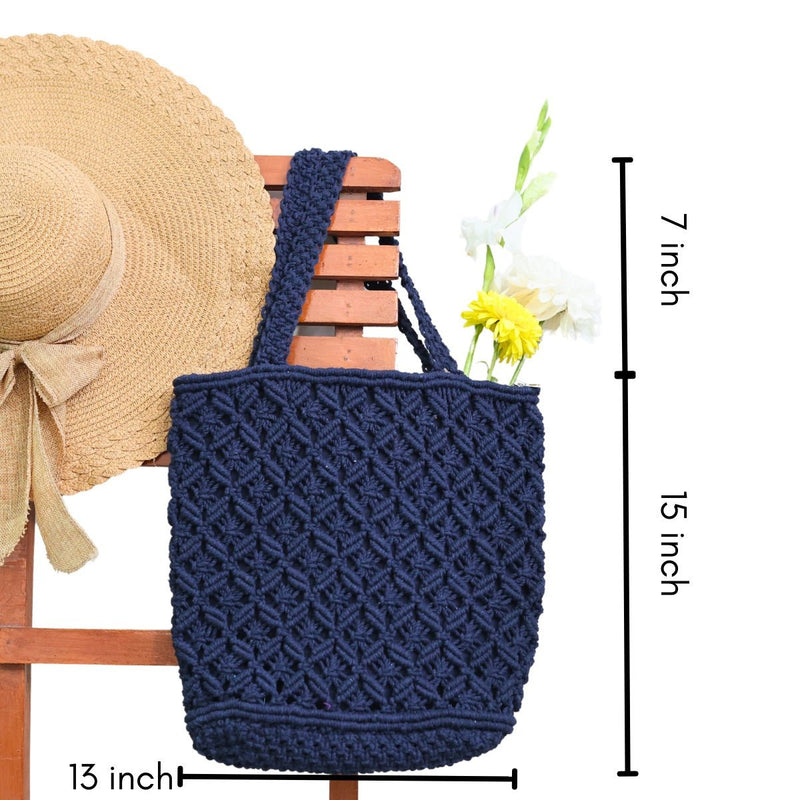 Navy Blue Macrame Tote Bag | Verified Sustainable Bags on Brown Living™