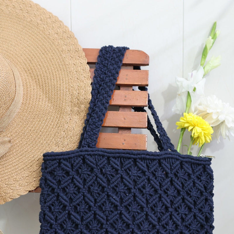 Navy Blue Macrame Tote Bag | Verified Sustainable Bags on Brown Living™