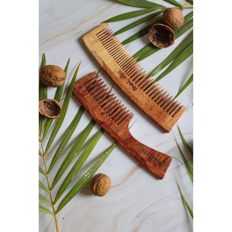 Buy Neem wood Comb Pack of 2 - Handle+ Dual Tooth Comb | Shop Verified Sustainable Hair Comb on Brown Living™