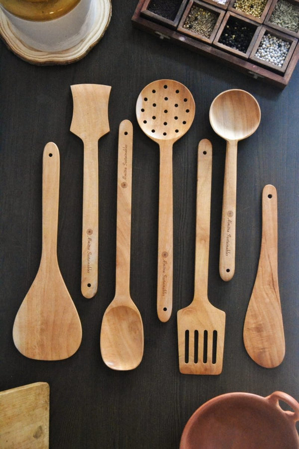 Buy Neem Wood Kitchen Ladle Set (Set of 7) | Shop Verified Sustainable Kitchen Tools on Brown Living™