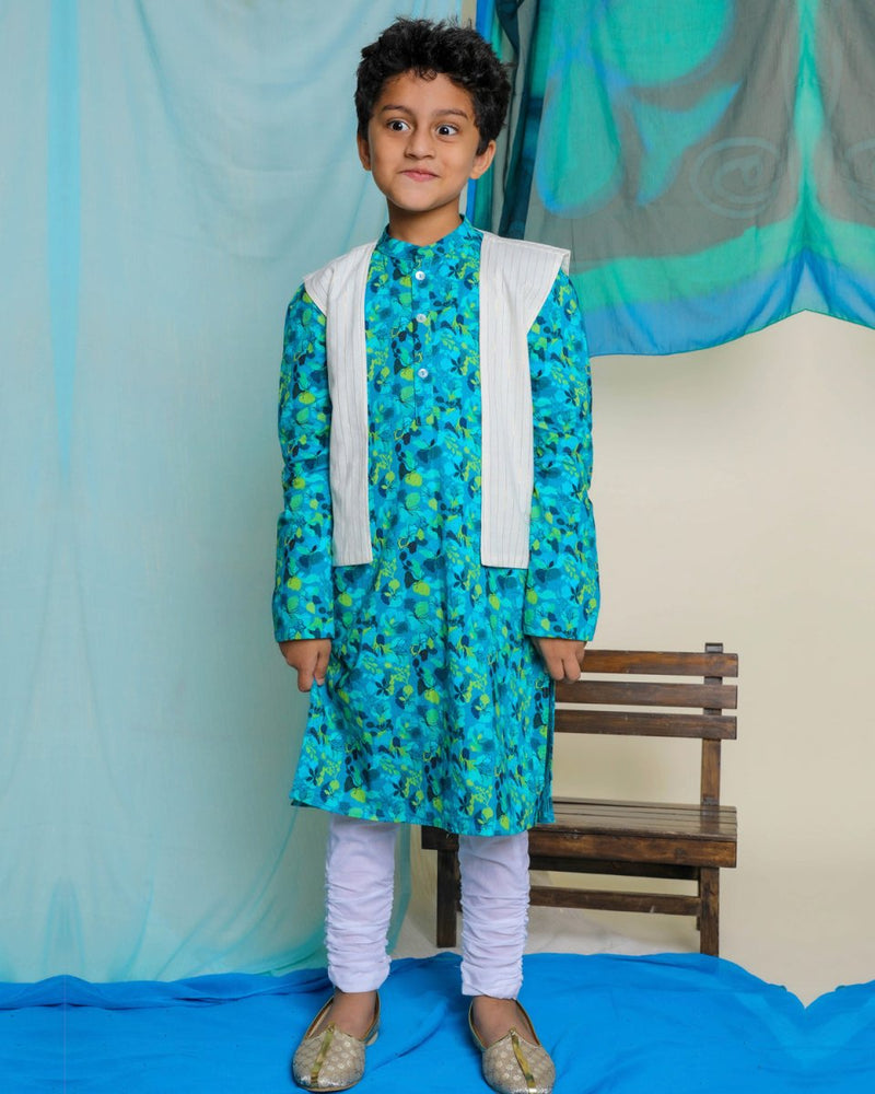 Buy Nilmohar Kurta with Juui Jacket and Churidaar Set | Blue & White | Shop Verified Sustainable Kids Ethnic Sets on Brown Living™