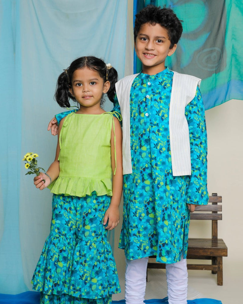 Buy Nilmohar Kurta with Juui Jacket and Churidaar Set | Blue & White | Shop Verified Sustainable Kids Ethnic Sets on Brown Living™