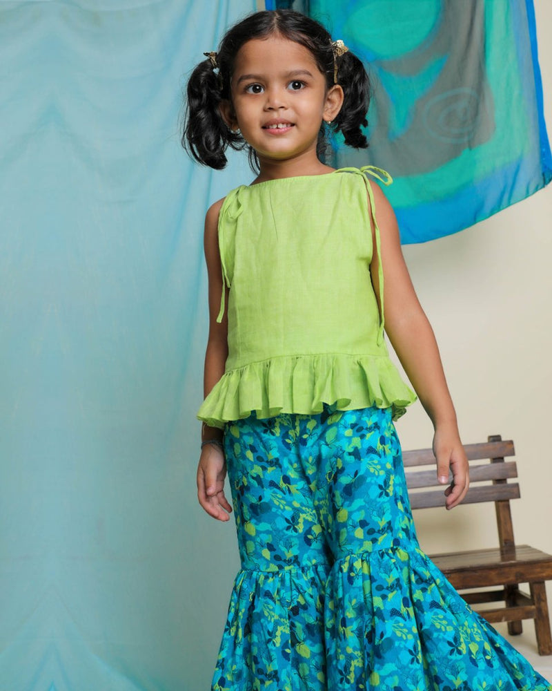 Buy Nilmohar Sharara Set | Blue & Green | Shop Verified Sustainable Kids Ethnic Sets on Brown Living™